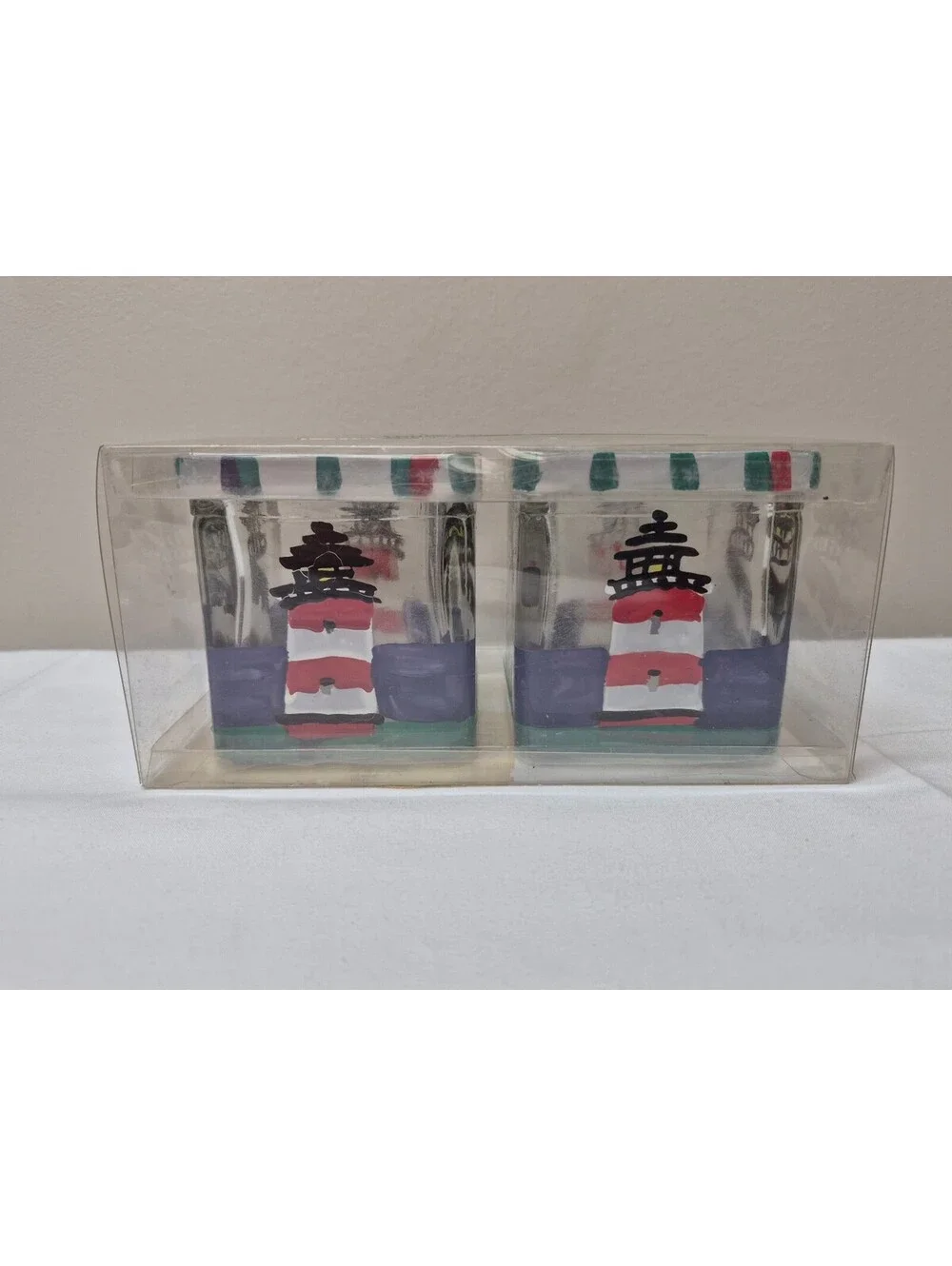 Huntington Set of 2 Lighthouse Hand-Painted Glass Votive Candle Holders J50